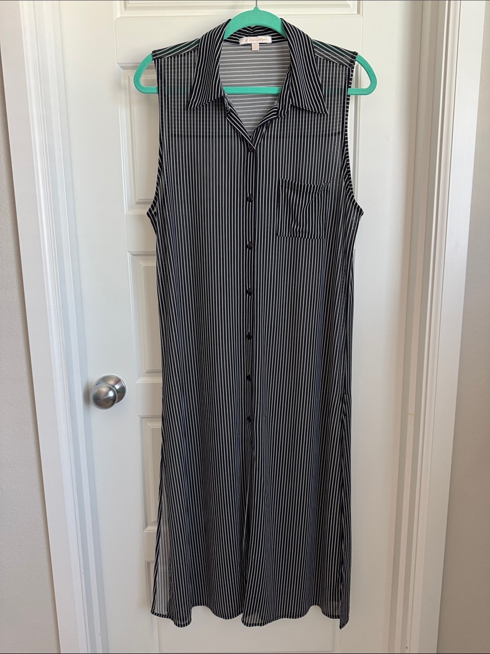 Sheer Sleeveless Botton Up Black and White Striped Maxi Shirt Dress